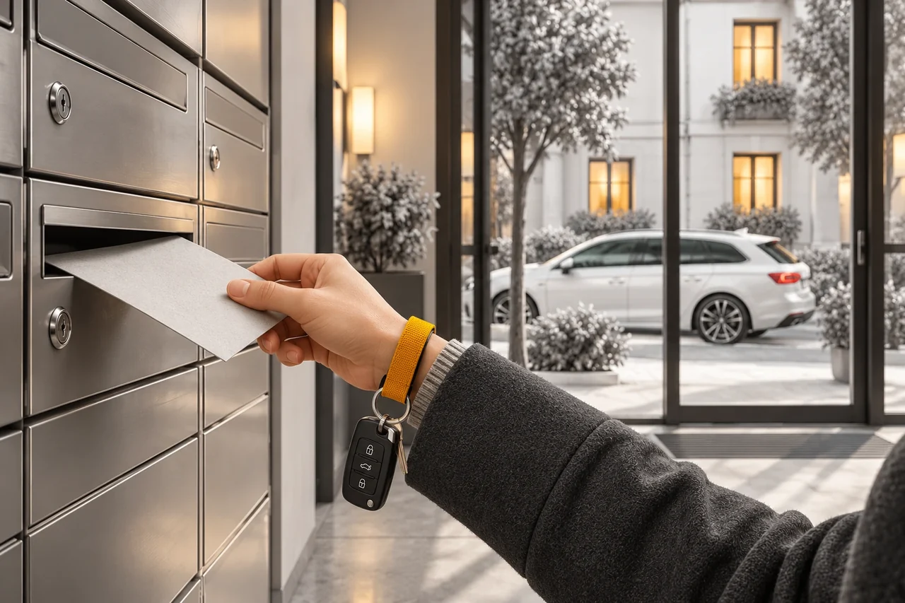 Une main dépose une enveloppe dans une boîte aux lettres, avec une clé de voiture au poignet.