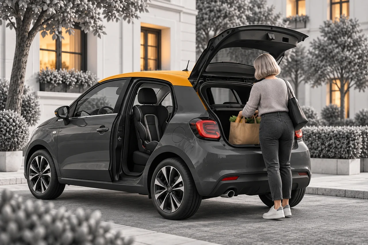 Une petite citadine avec un siège enfant et un coffre utilisé pour les courses du quotidien.