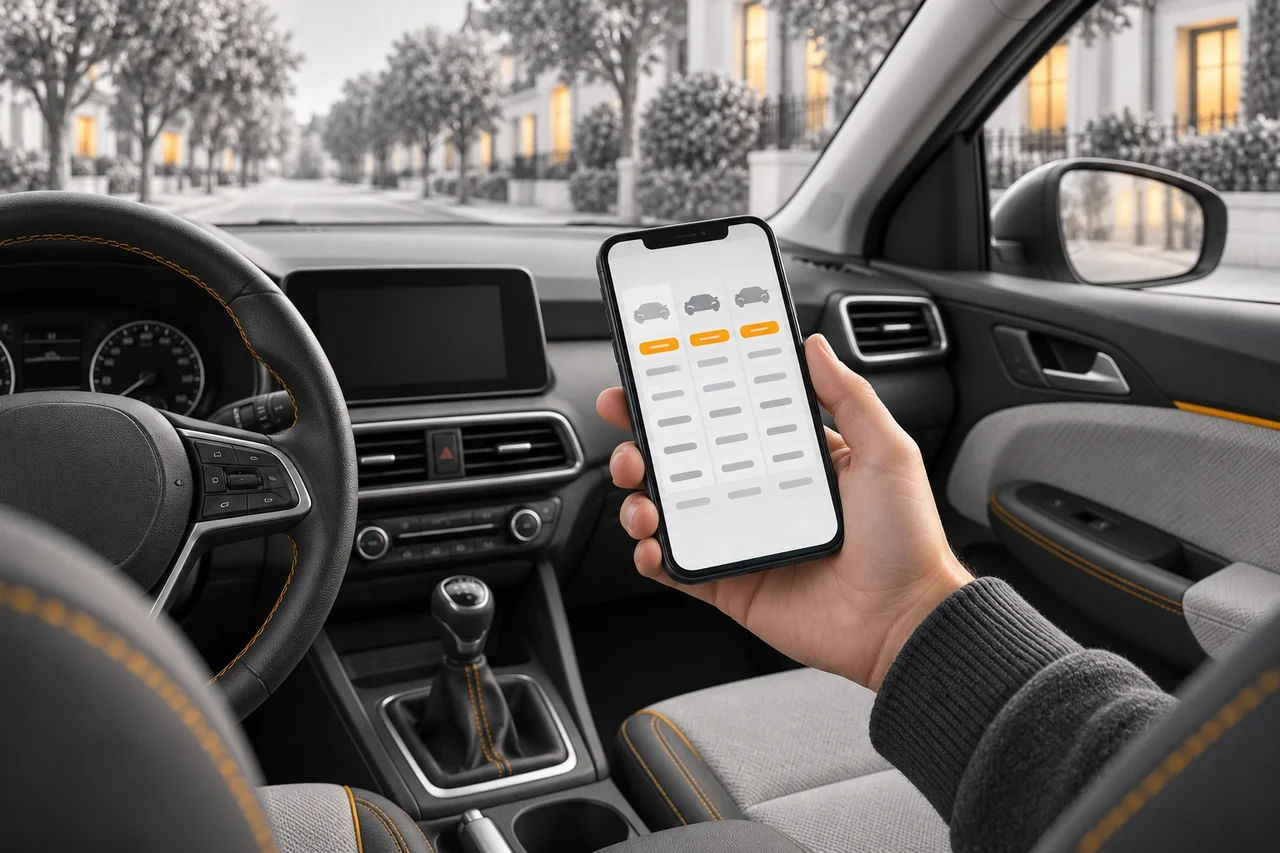 Une main consulte des informations sur un téléphone depuis l’intérieur d’une voiture à l’arrêt.