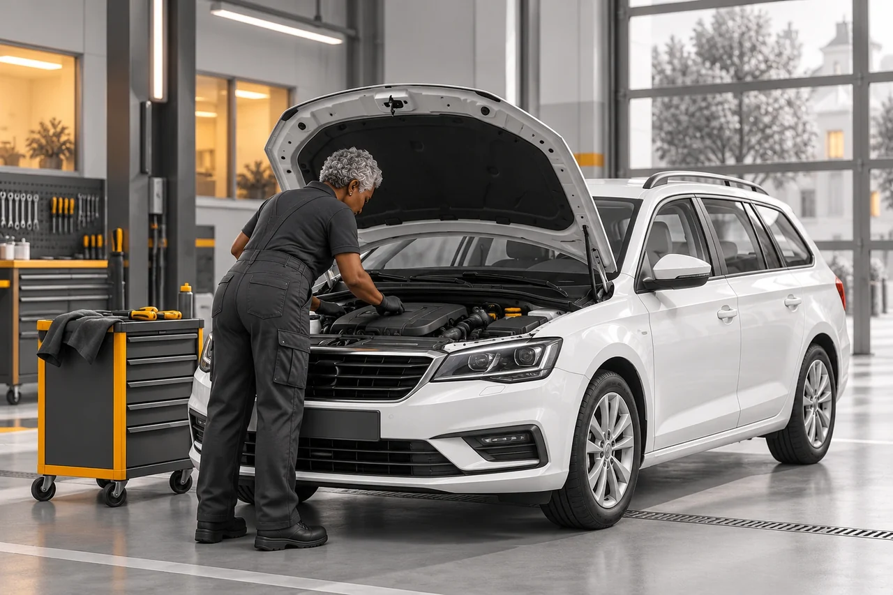 Une mécanicienne inspecte le moteur d’un break d’occasion blanc, capot ouvert.