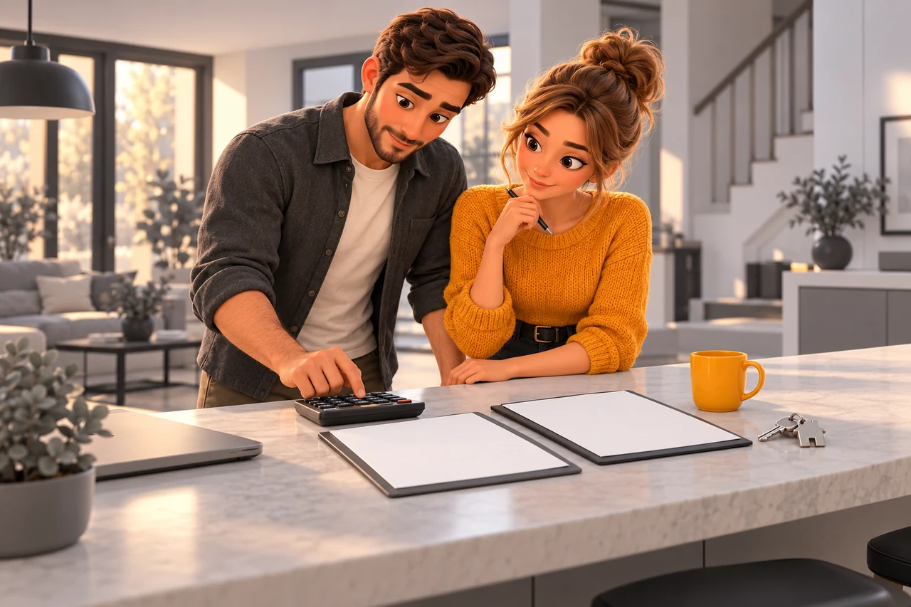 Un couple compare deux échéanciers d’assurance emprunteur avec une calculatrice.