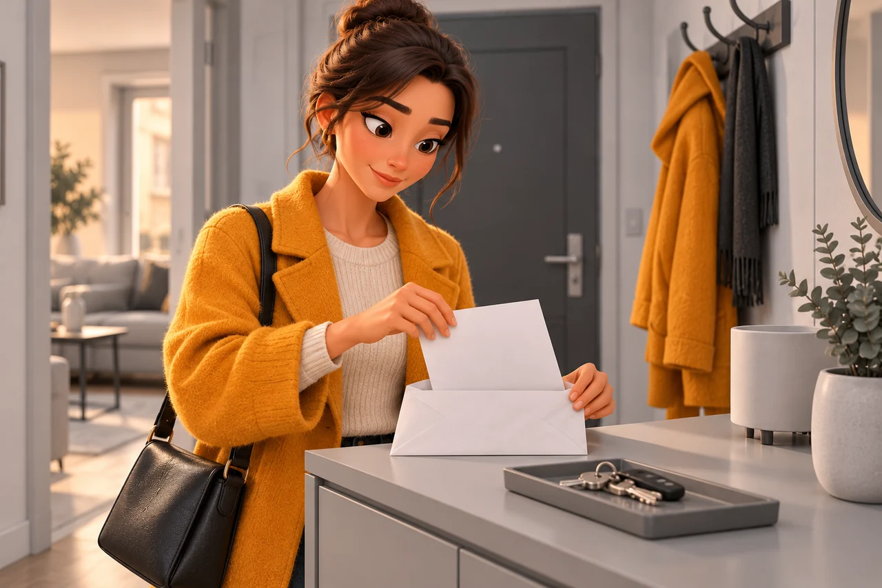 Une femme glisse une lettre dans une enveloppe à côté de ses clés de logement.