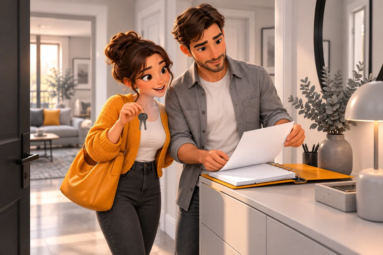 Un couple avec ses clés et son dossier de logement.