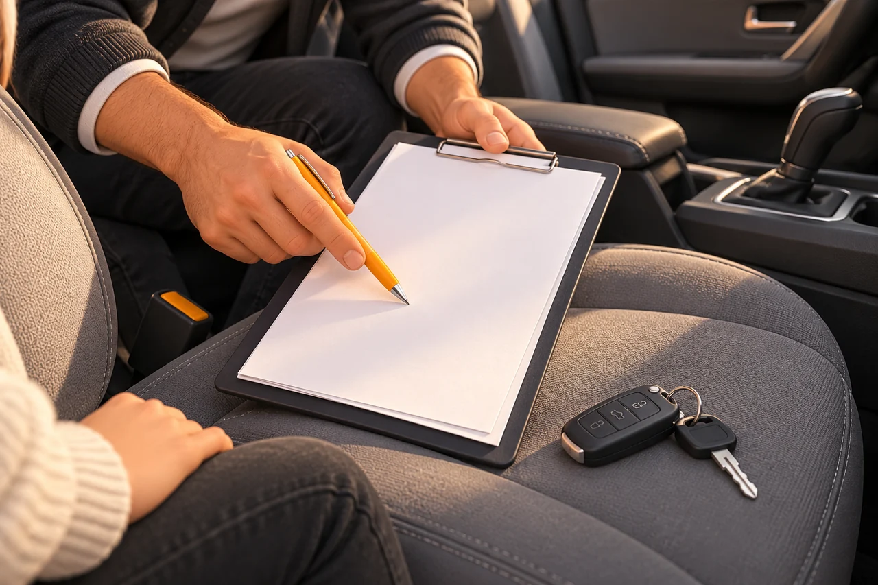 Une main vérifie une clause de devis sur le siège passager d’une voiture.