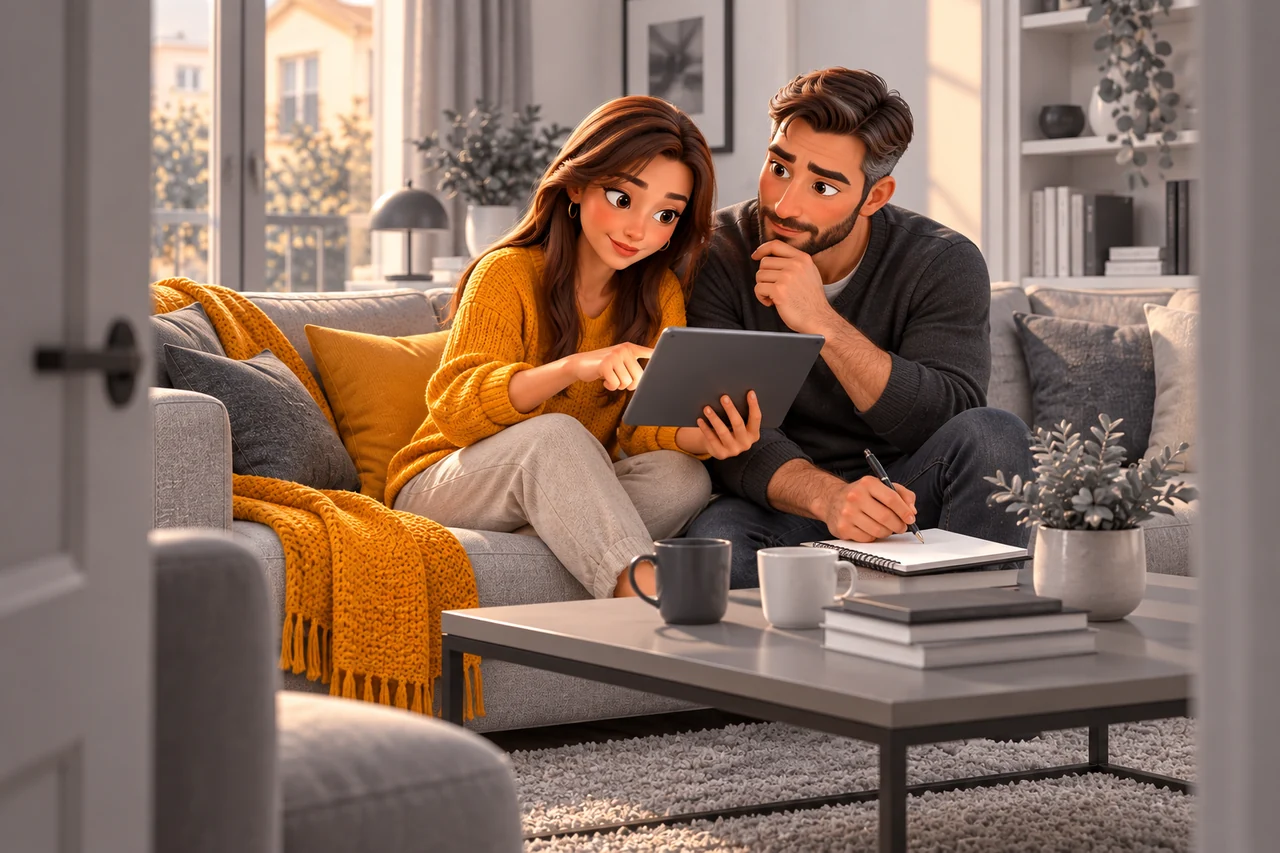 Un couple vérifie les informations d’un service de comparaison sur tablette.