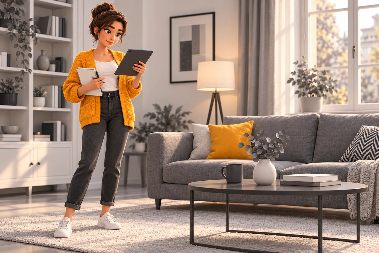 Une femme vérifie les informations pratiques d’un service de comparaison.