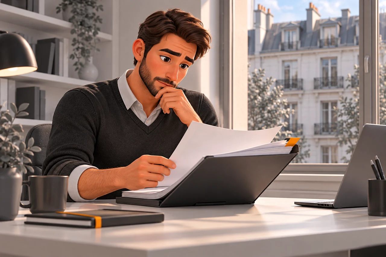 Un homme relit un dossier d’assurance emprunteur près d’une fenêtre.