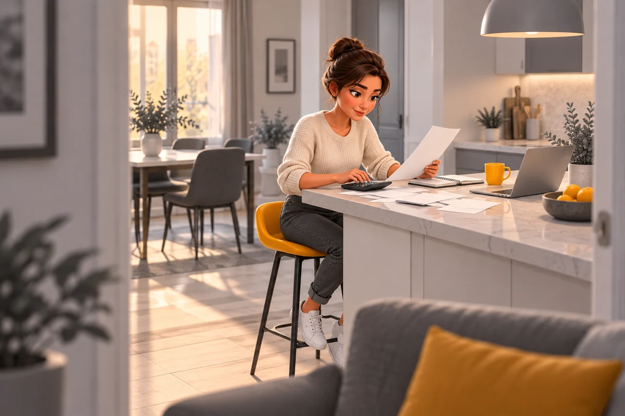 Une femme rapproche ses factures d’assurance et son budget.