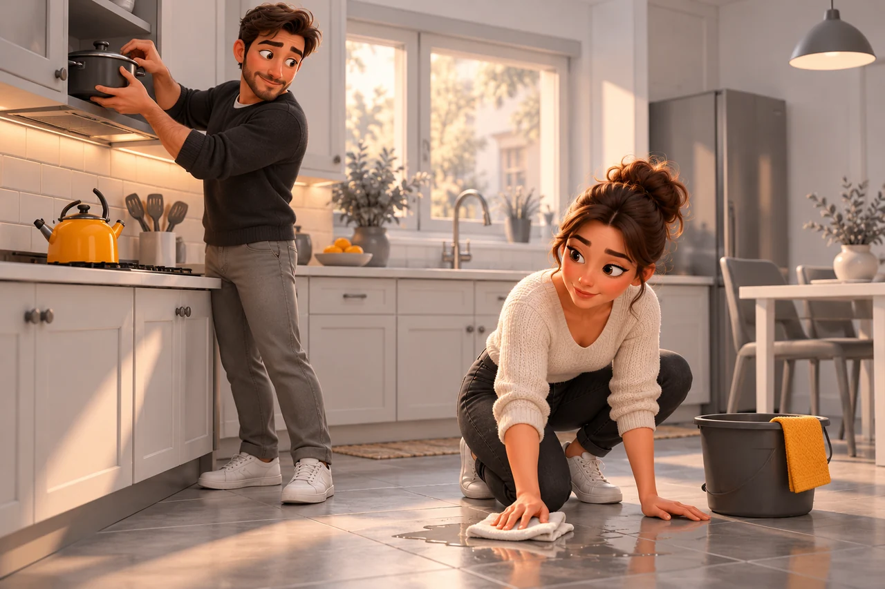 Deux adultes sécurisent la cuisine en essuyant le sol et en rangeant les ustensiles.