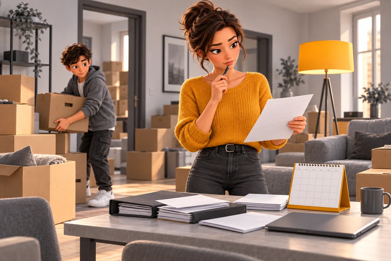 Une famille fait le point sur ses documents d’assurance pendant un déménagement.