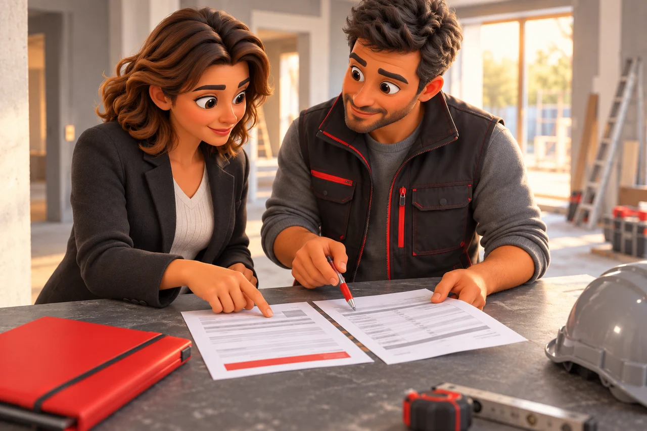 Les mains d’une cliente et d’un artisan rapprochent une attestation d’assurance et un devis sur une table de chantier.