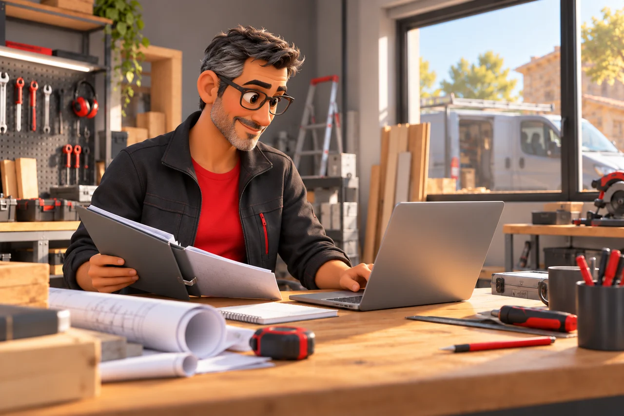 Un artisan indépendant aux cheveux gris consulte ses documents et son ordinateur dans son atelier.