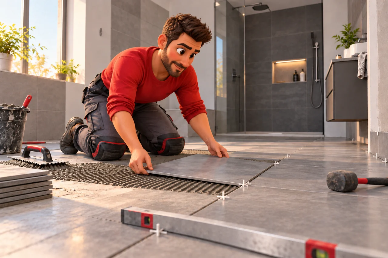 Un carreleur en tenue de travail pose un carreau sur le sol d’une salle de bains en rénovation.
