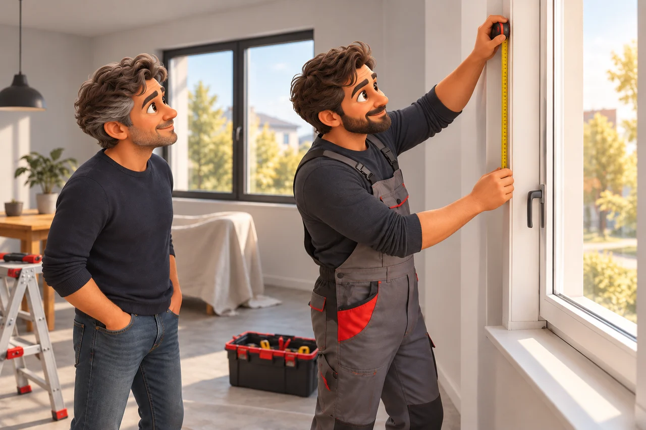 Un menuisier mesure l’encadrement d’une fenêtre avec un client dans une pièce lumineuse.