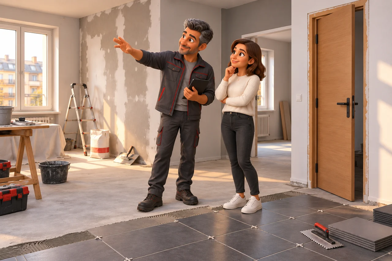 Un artisan et une cliente examinent les différents travaux d’un appartement en rénovation.