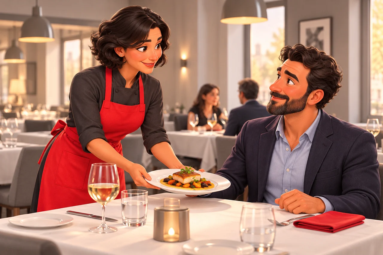 Une restauratrice en tablier rouge sert un plat à un client dans la salle du restaurant.