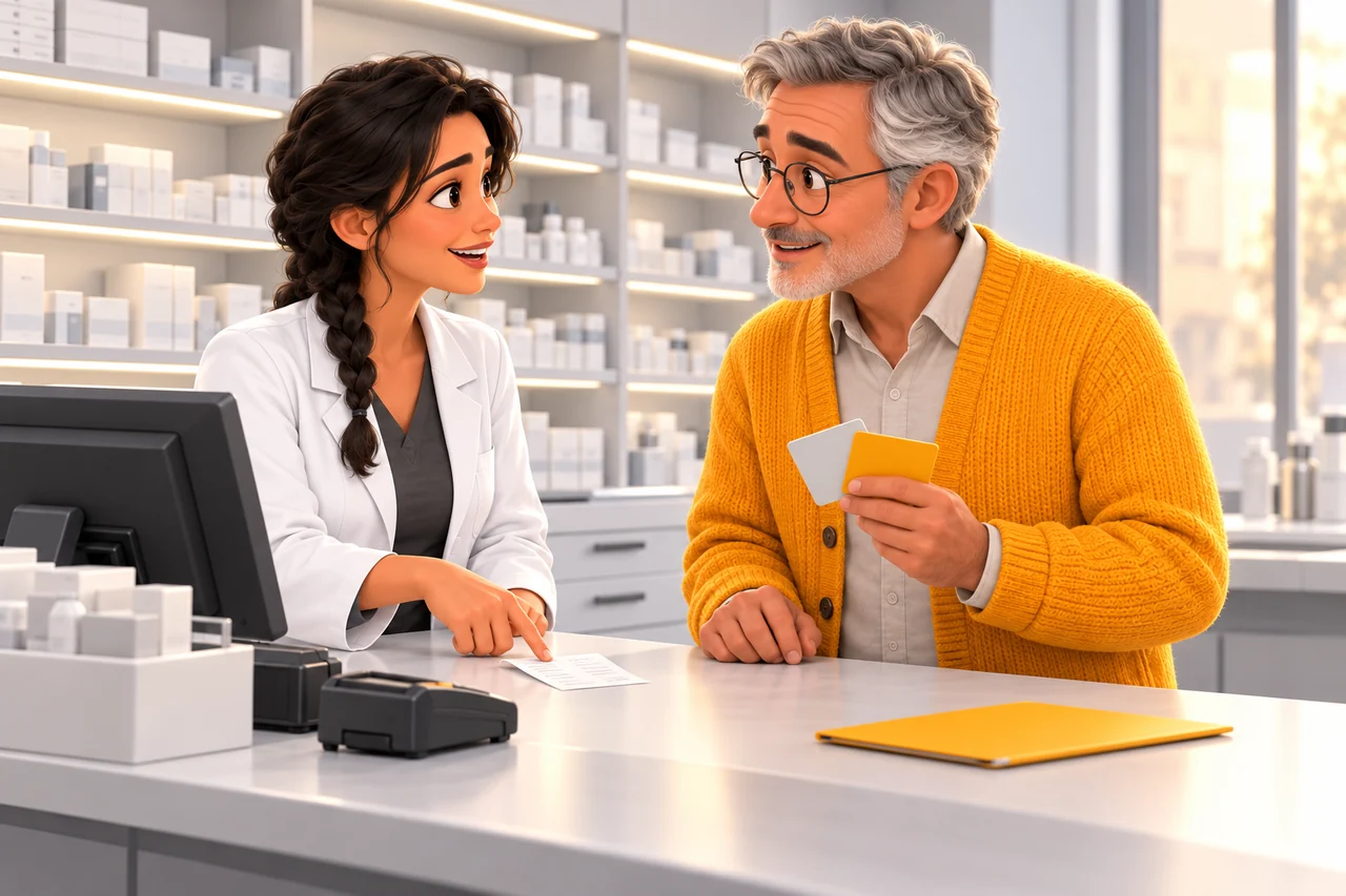 Une pharmacienne explique un reçu à un homme présentant ses cartes de couverture santé au comptoir.