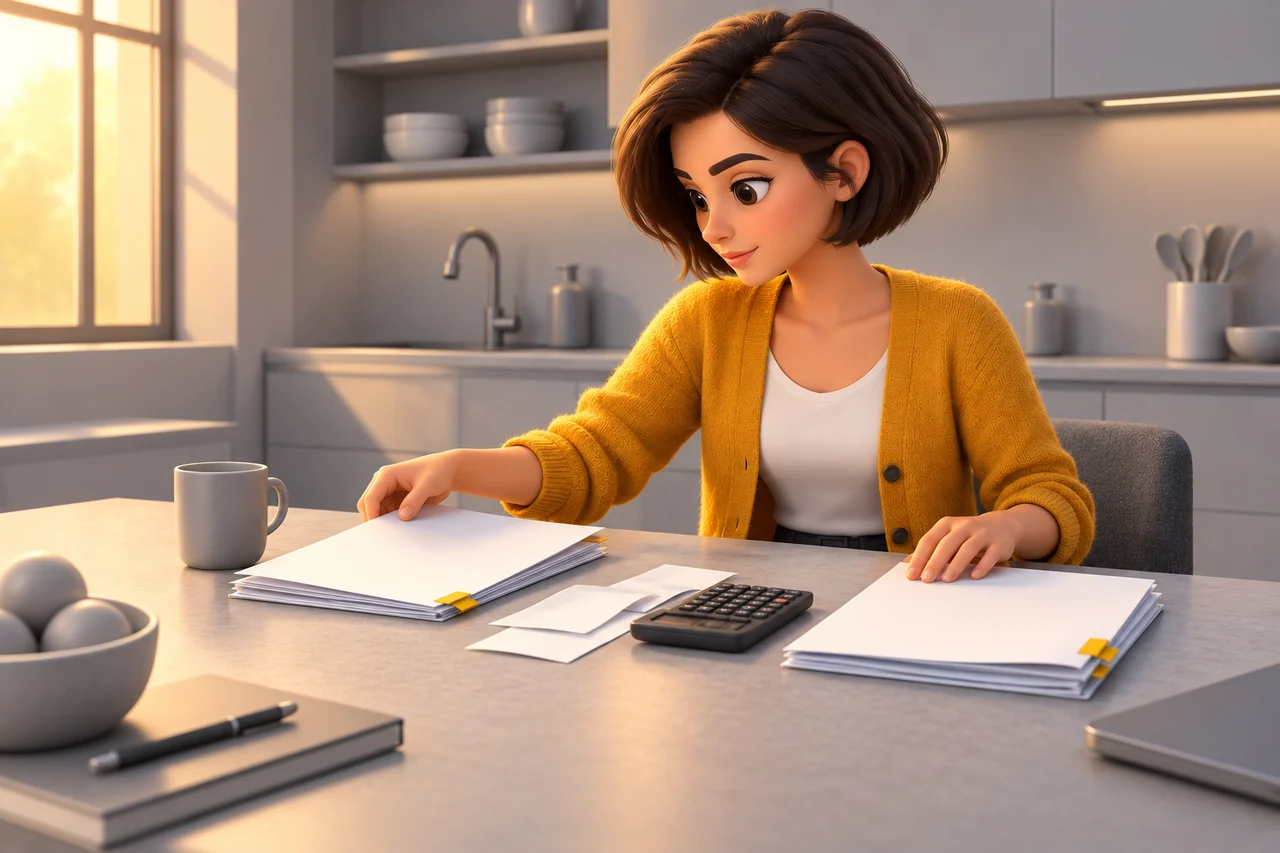 Une femme compare deux dossiers de complémentaire santé à son bureau, avec une calculatrice.