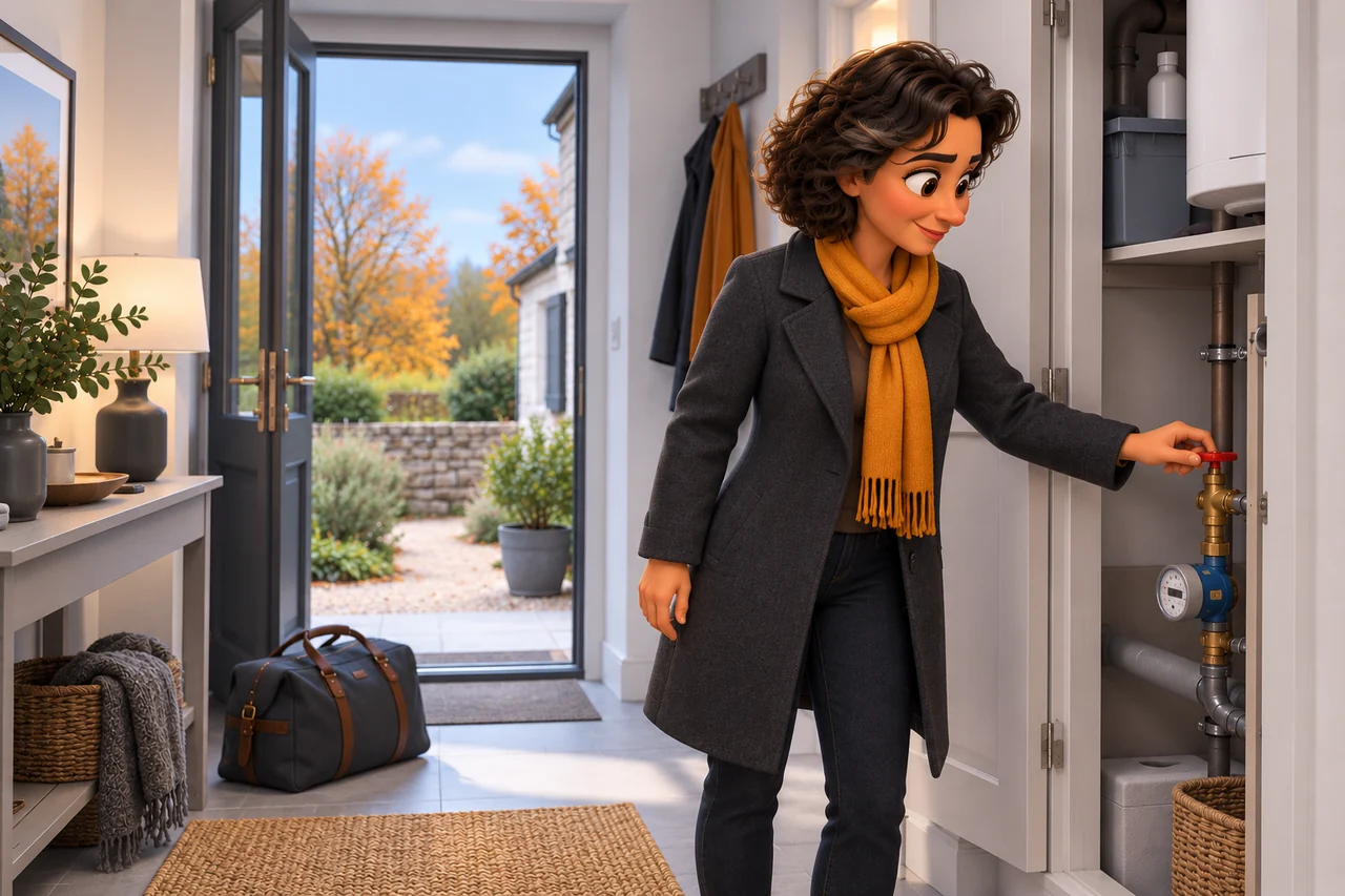 Une propriétaire en manteau gris ferme une vanne d’eau avant de quitter sa maison de vacances, son sac posé près de la porte.