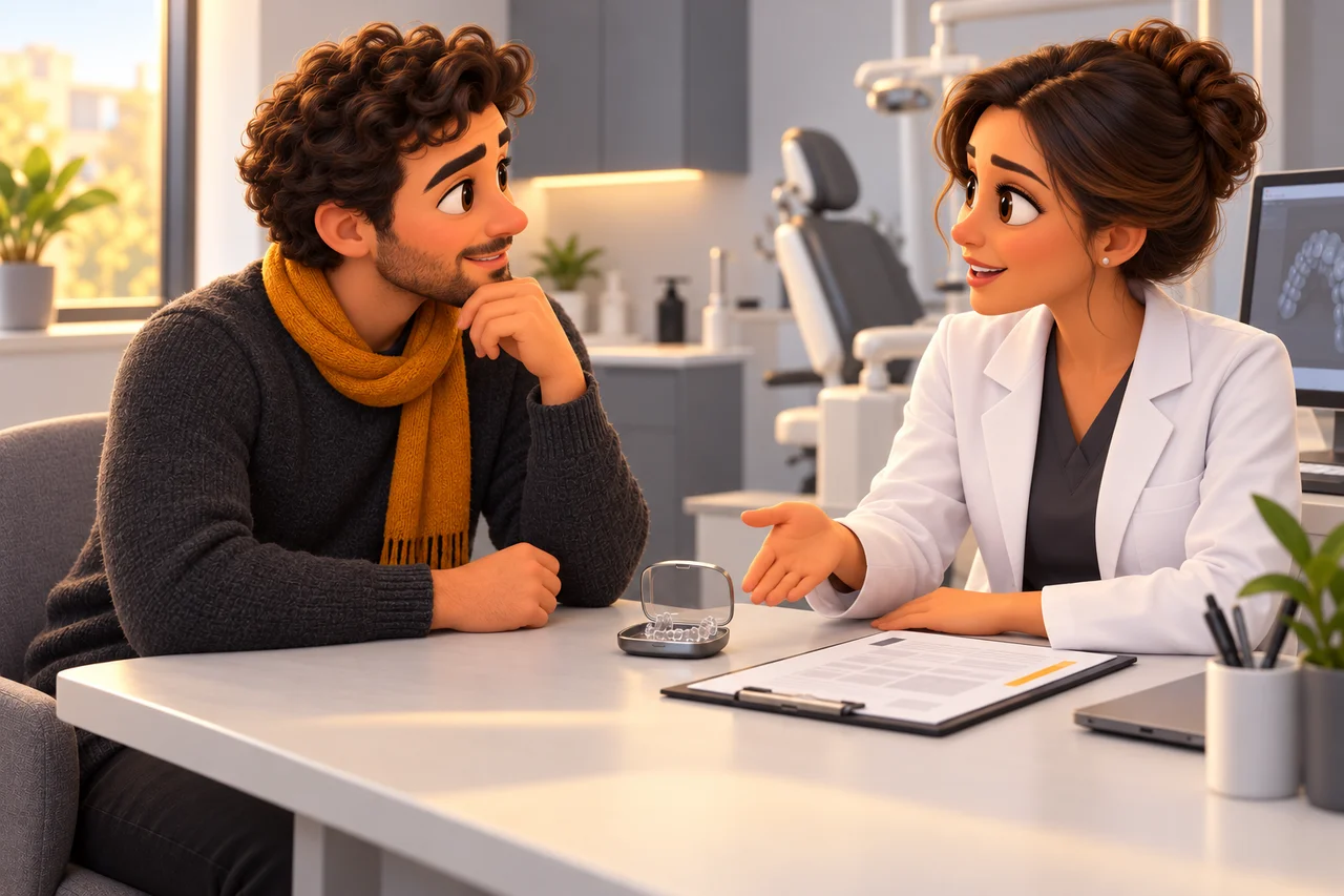 Un adulte échange avec une orthodontiste sur un devis et un boîtier d’aligneurs posé sur le bureau.