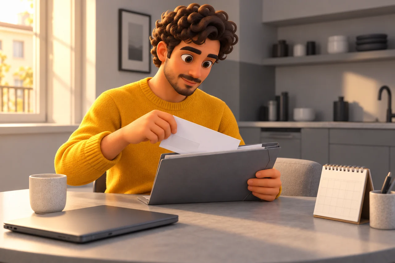 Un homme classe un courrier et ses documents de complémentaire santé à une table.