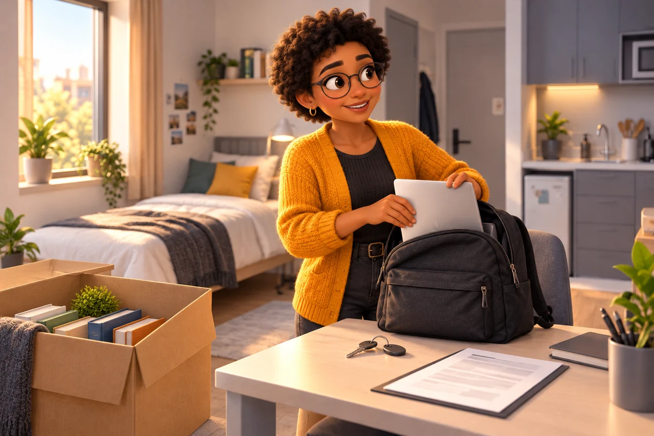 Une étudiante range son ordinateur dans un sac à côté de cartons dans son studio.