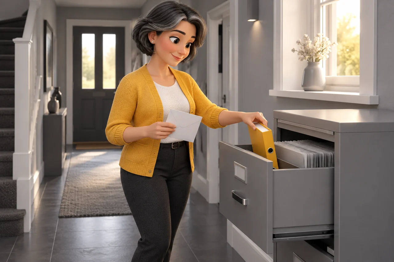 Une femme range un classeur jaune parmi ses documents dans un meuble d’archivage.
