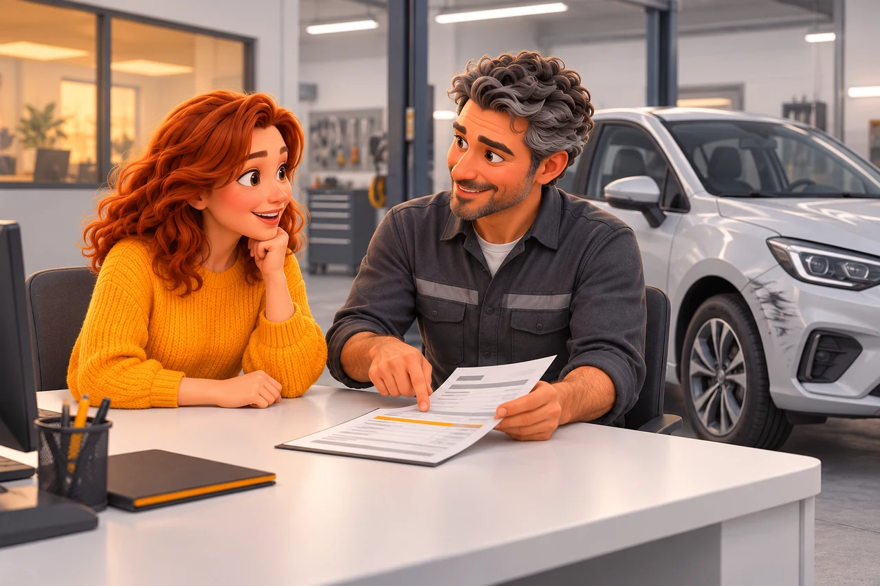 Une automobiliste examine un devis avec un réparateur, près de sa voiture grise légèrement endommagée dans un atelier.