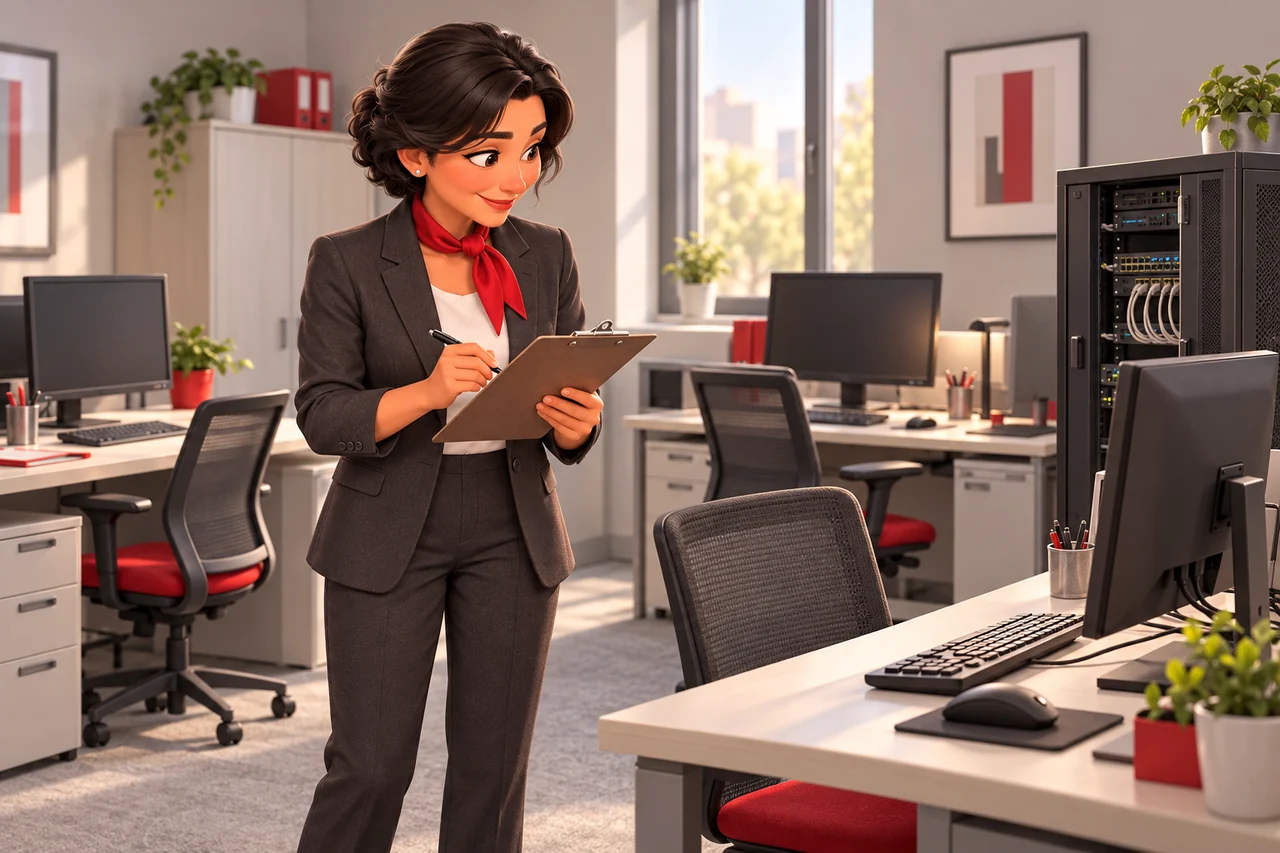 Une responsable inventorie les postes informatiques et les équipements réseau de ses bureaux.