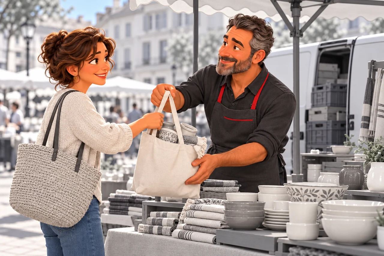 Un commerçant remet un sac à une cliente devant son stand de marché, près de son utilitaire.