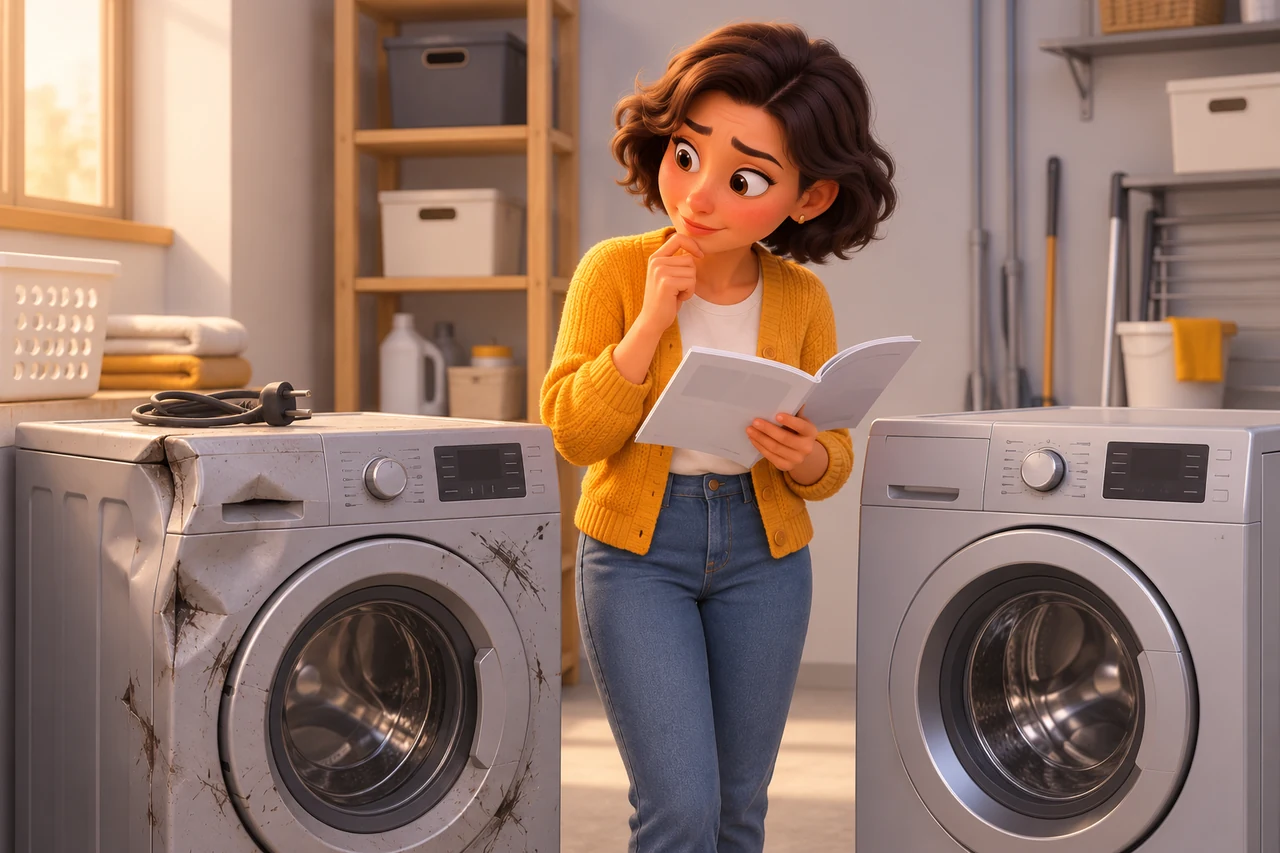 Une femme compare un lave-linge endommagé et un appareil équivalent dans une buanderie.