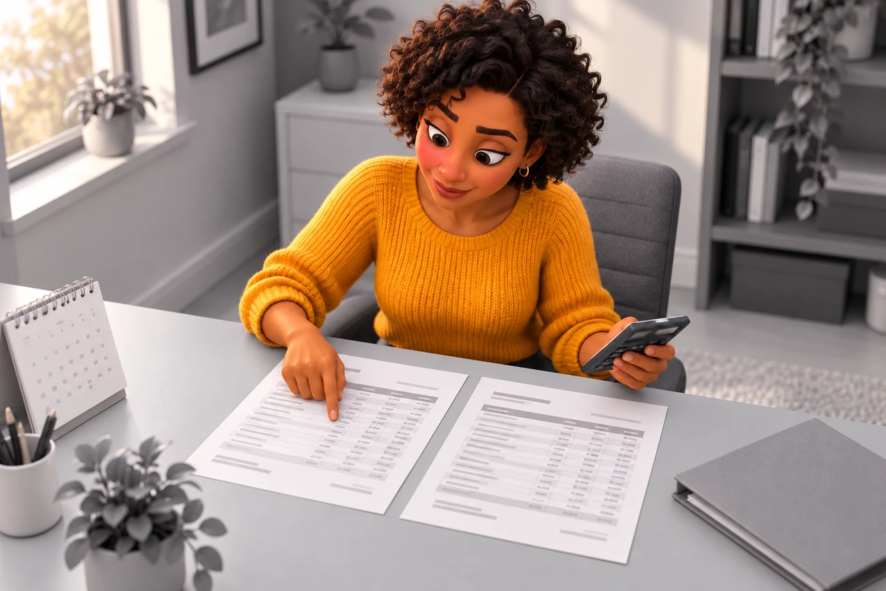 Une femme compare deux échéanciers d’assurance avec une calculatrice à son bureau.