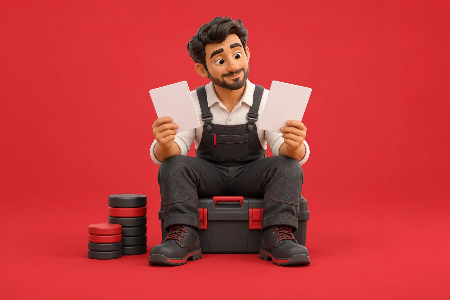 Artisan en 3D comparant des documents, assis près de pièces et d’une boîte à outils