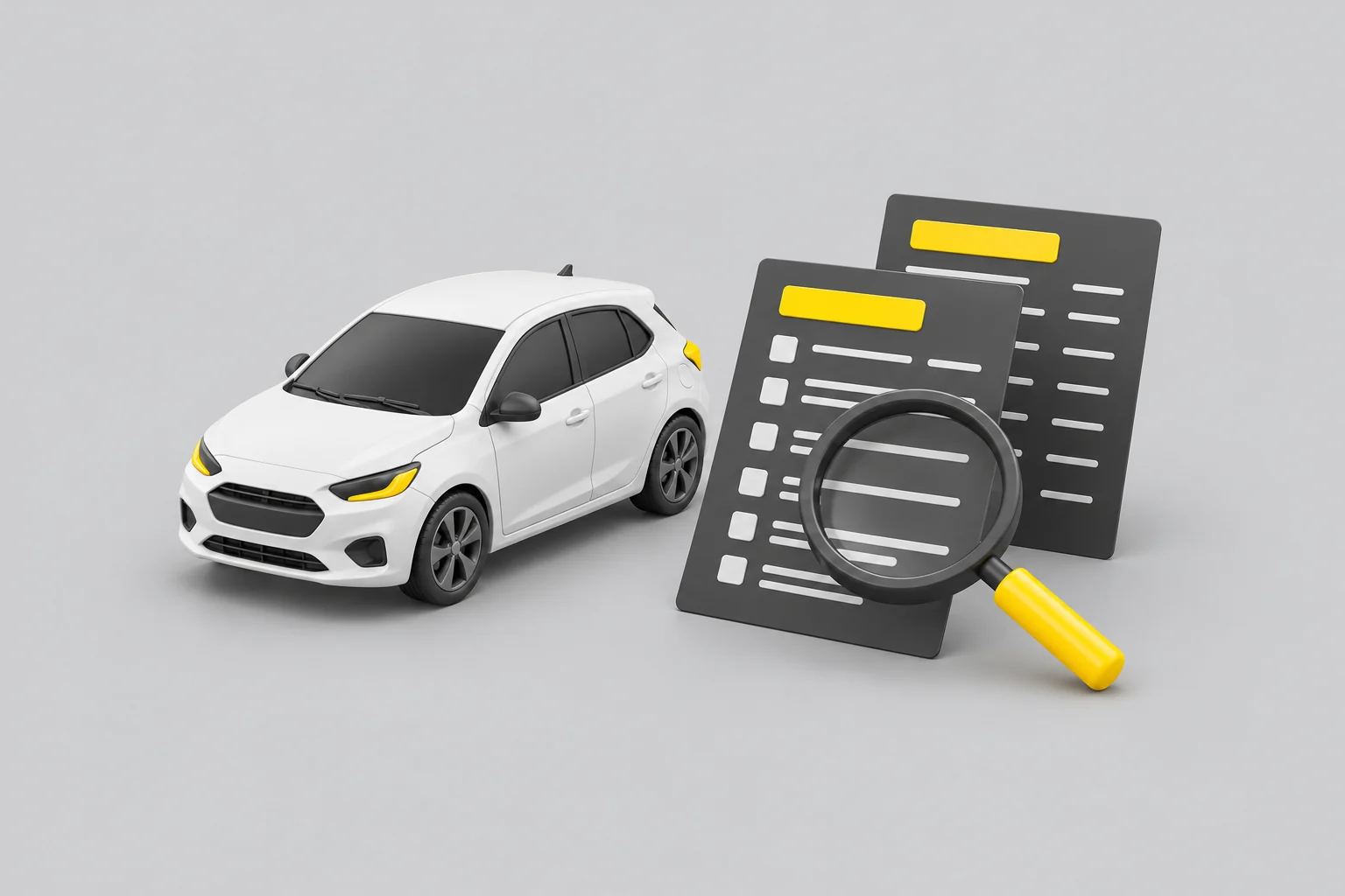 Voiture blanche en 3D avec fiches de comparaison et loupe