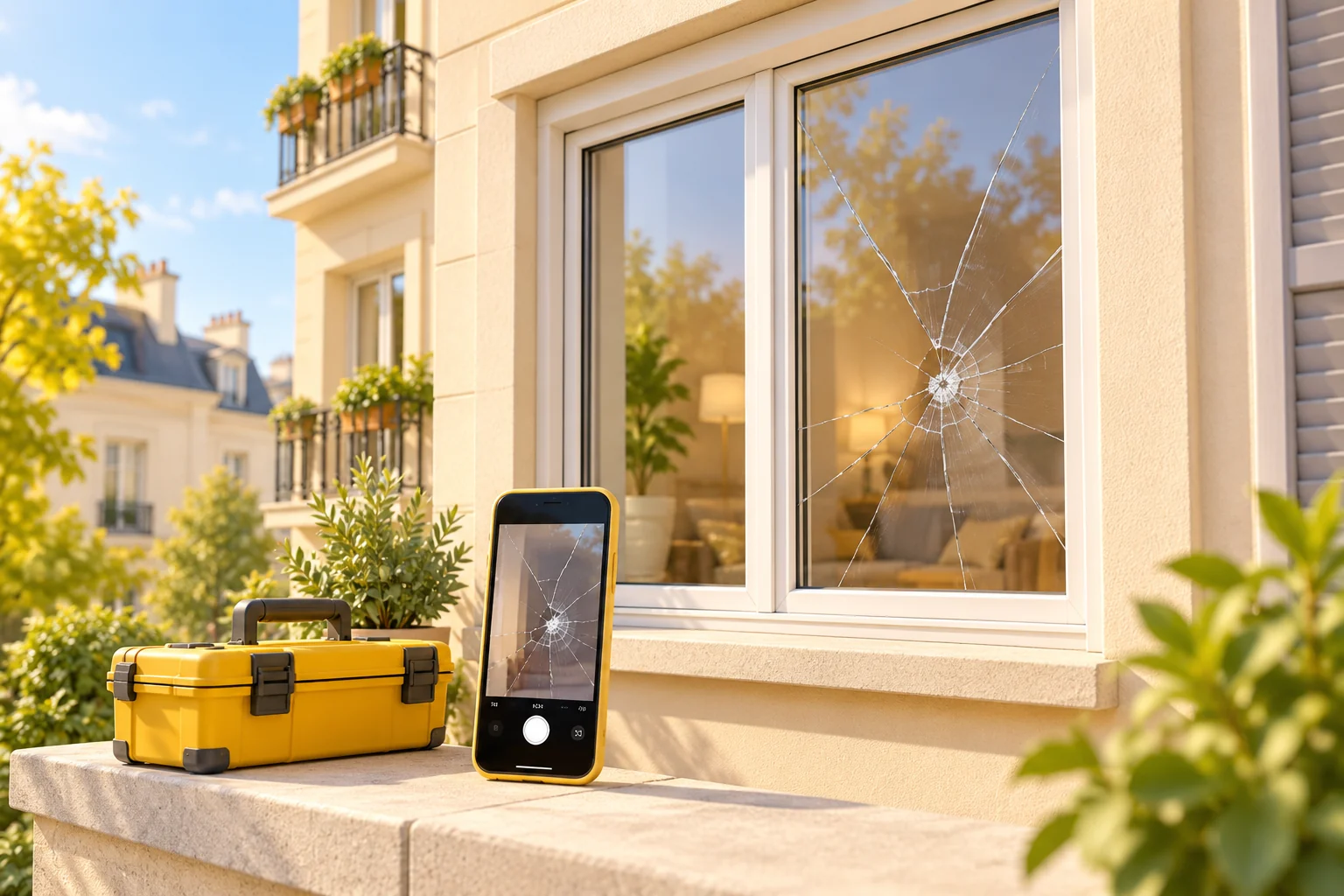 Vitre fêlée d’un logement et téléphone prêt à photographier le dommage, scène 3D jaune