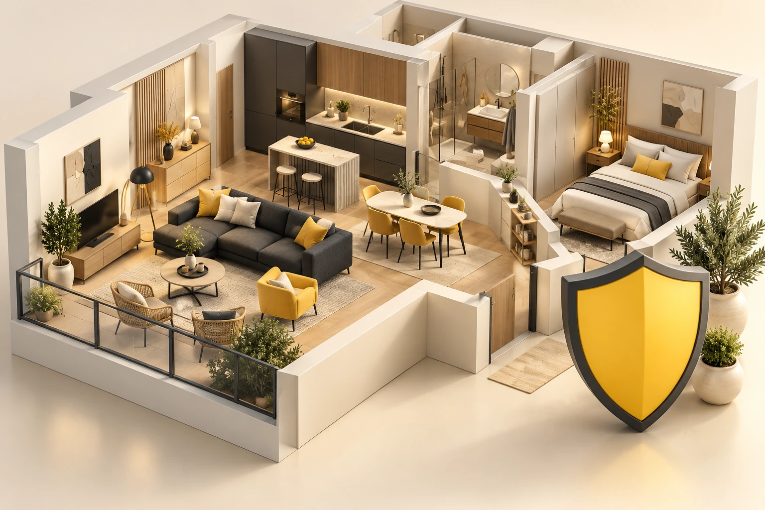 Appartement miniature en 3D avec ses meubles et un bouclier jaune pour les garanties habitation