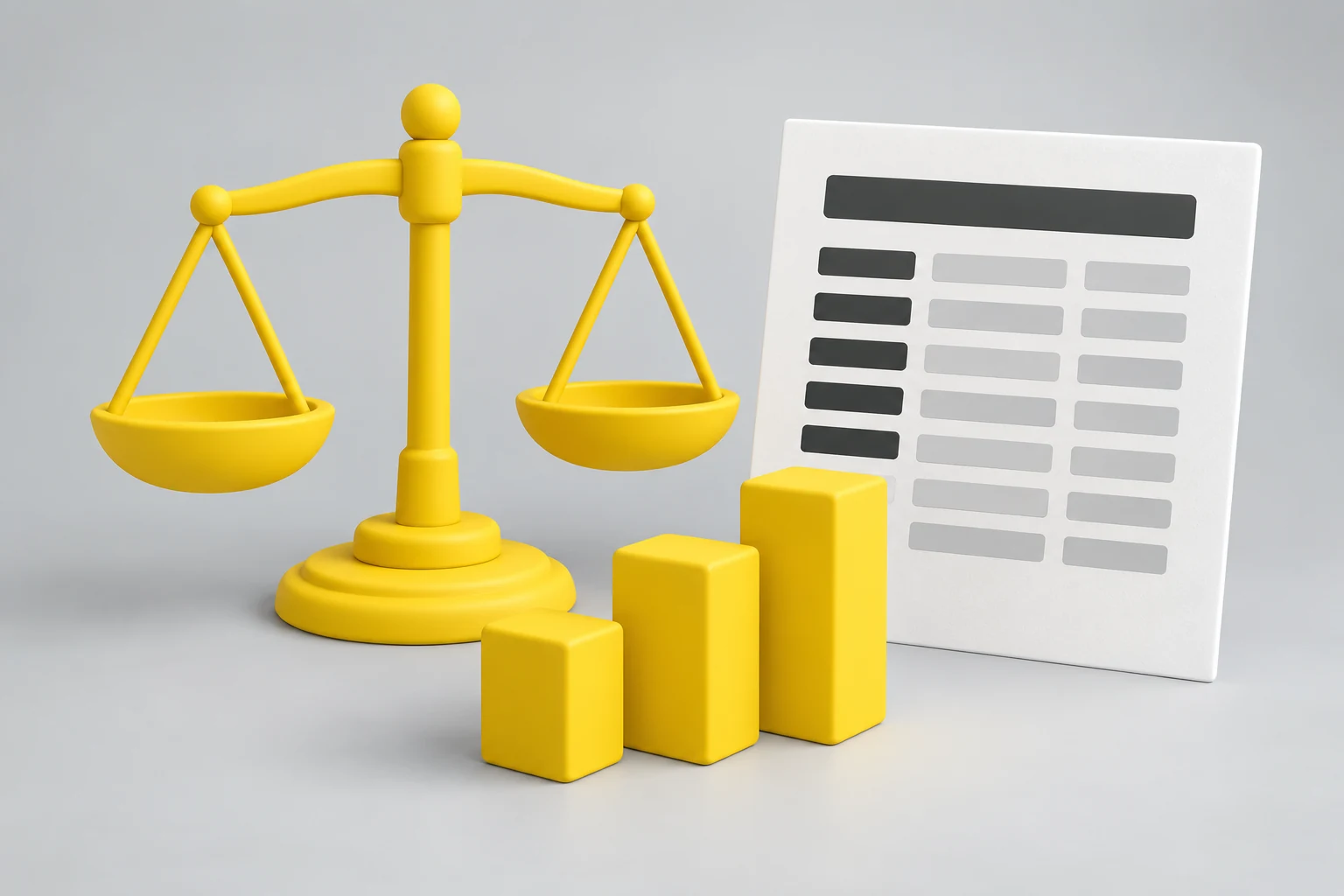 Balance de justice, tableau de frais sans texte et blocs de budget en 3D