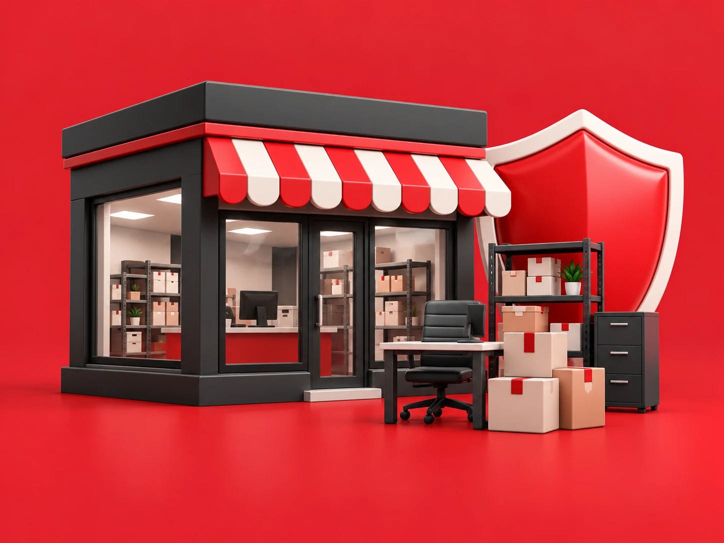 Local commercial et équipement professionnel en 3D avec bouclier rouge sur fond rouge