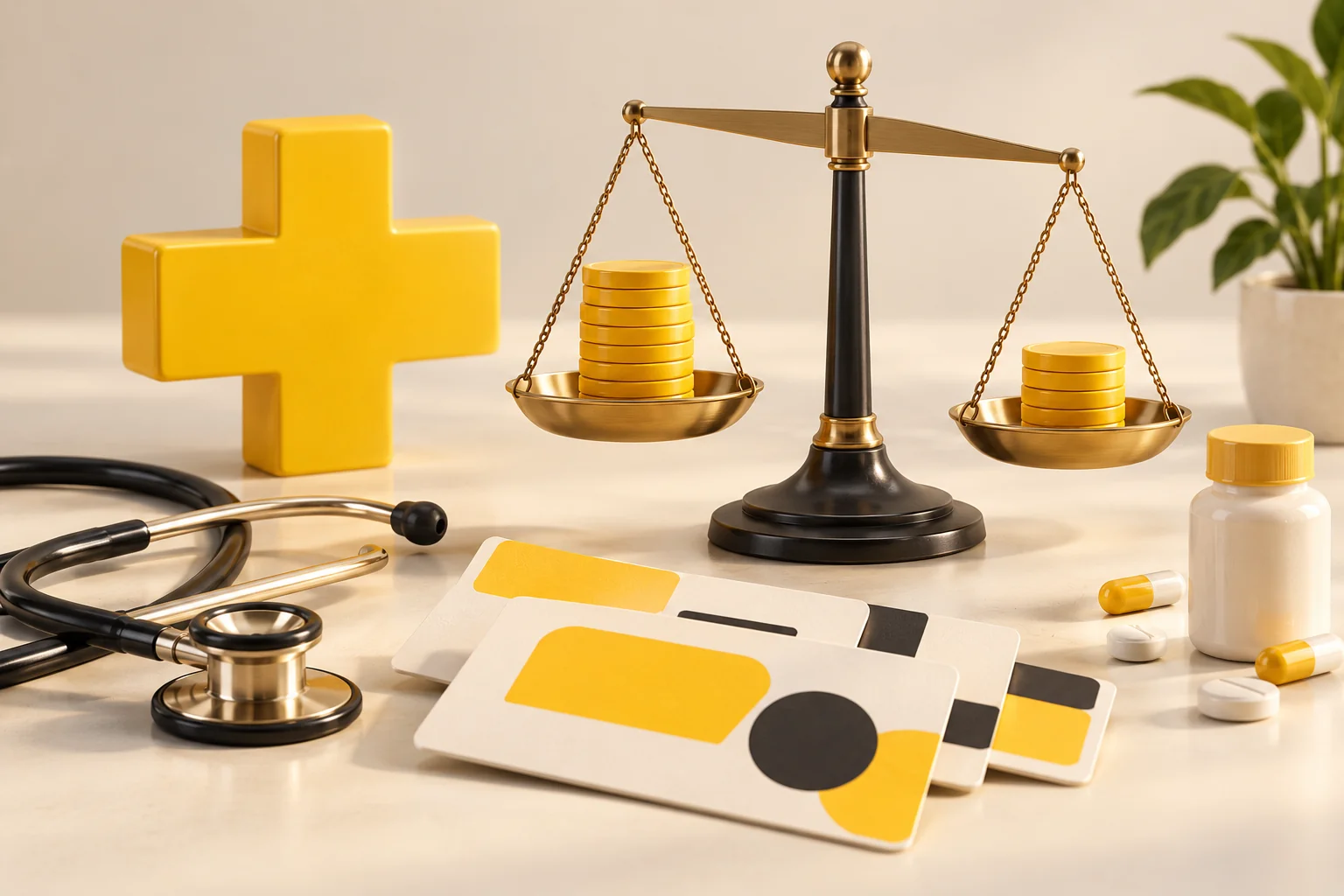 Croix médicale, cartes de remboursement et balance avec des pièces sur un fond crème en 3D