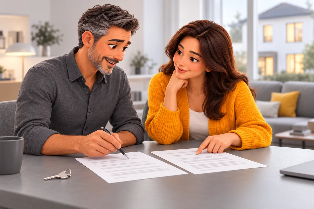 Couple comparant deux documents d’assurance à une table, avec une clé posée à proximité.