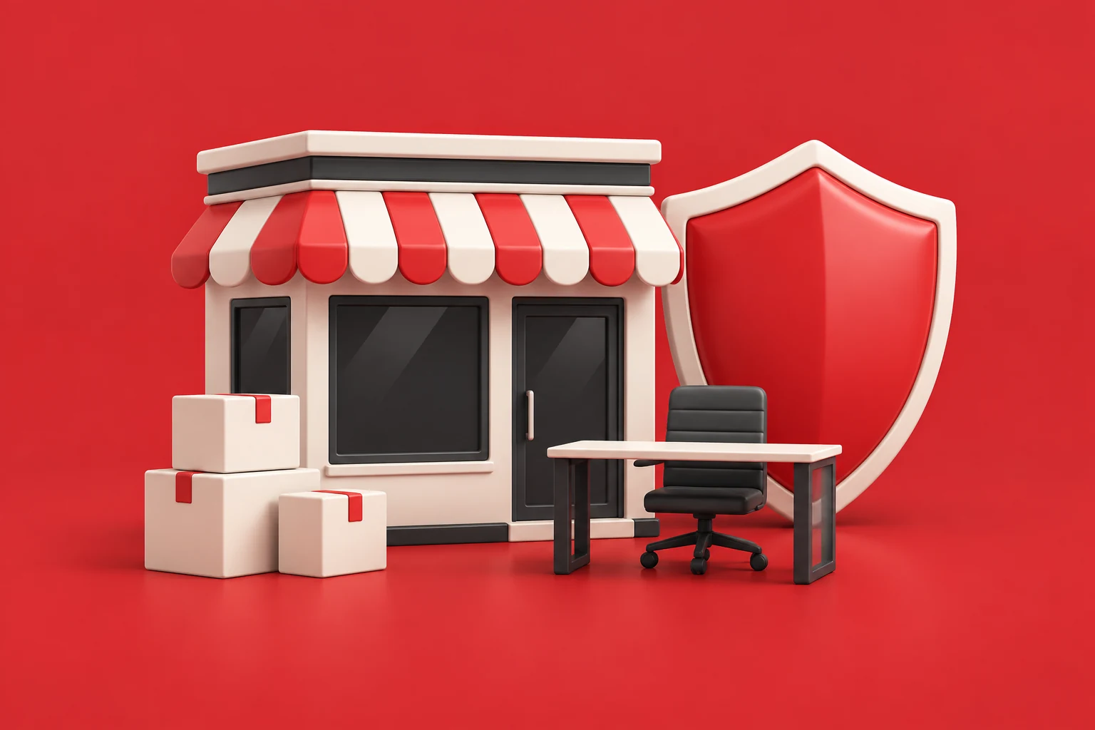 Boutique, cartons et bureau en 3D protégés par un bouclier rouge