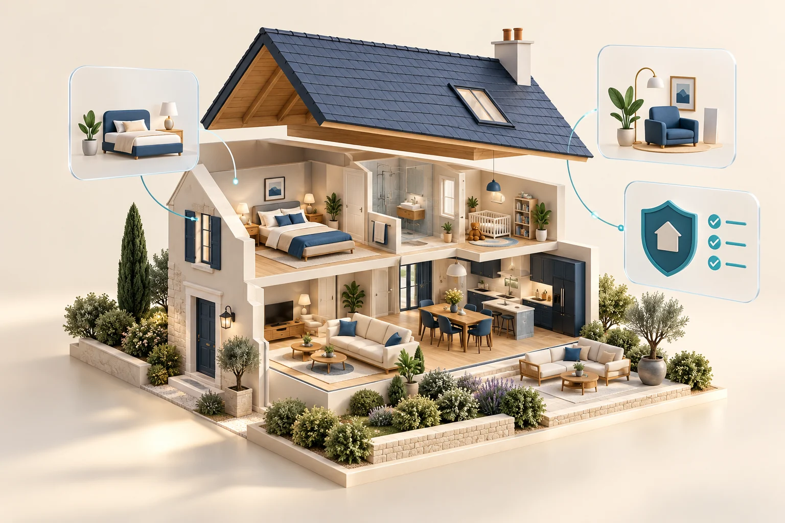 Maison miniature ouverte et liste de garanties à examiner pour une simulation habitation