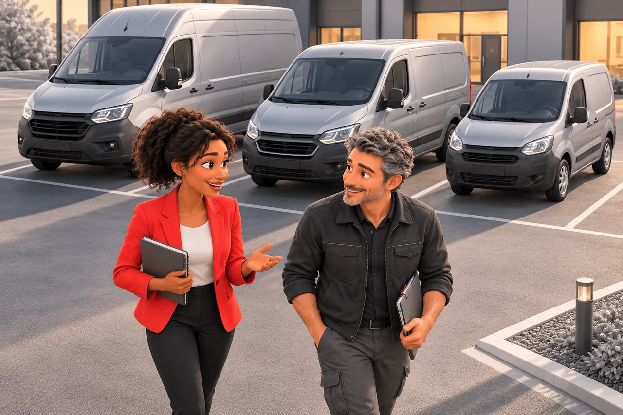 Une responsable de parc noire en veste rouge et un chauffeur aux cheveux gris parcourent un parking avec trois utilitaires gris de tailles différentes.