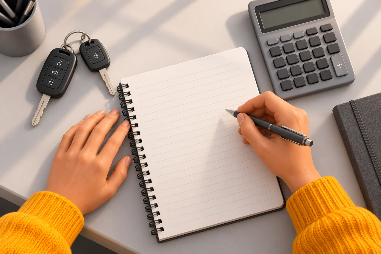 Vue de dessus d’un carnet de budget vierge, d’une calculatrice grise et de deux clés de voiture sur une table, une main avec manche jaune orangé fait le point.
