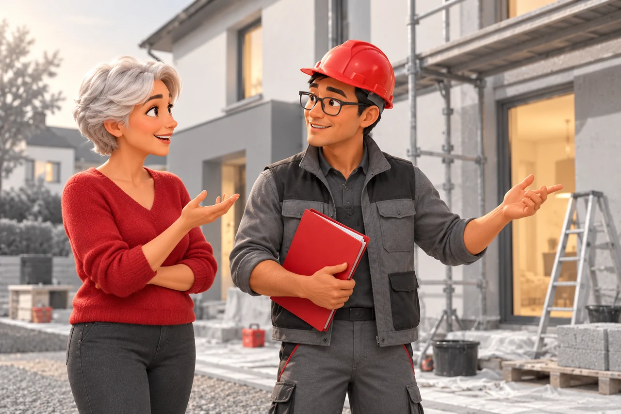 Une propriétaire aux cheveux blancs courts discute avec un artisan asiatique à lunettes devant une rénovation de façade.