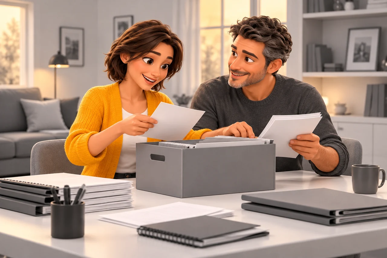 Une mère et un père aux cheveux courts classent des documents importants pour leurs enfants dans une boîte à leur domicile.