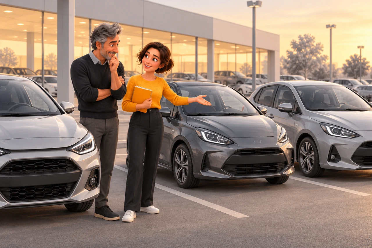 Deux adultes d’âges différents comparent trois petites voitures grises sur un parking de concession sans marques.
