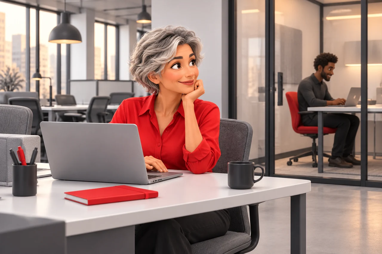 Une femme aux cheveux argentés courts travaille avec un ordinateur dans un espace de coworking, un homme noir utilise une salle vitrée derrière elle.
