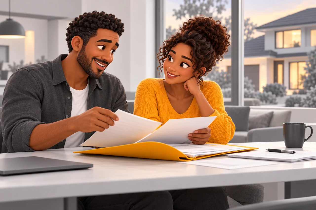Un couple adulte noir relit ses documents d’assurance devant une fenêtre donnant sur sa maison.