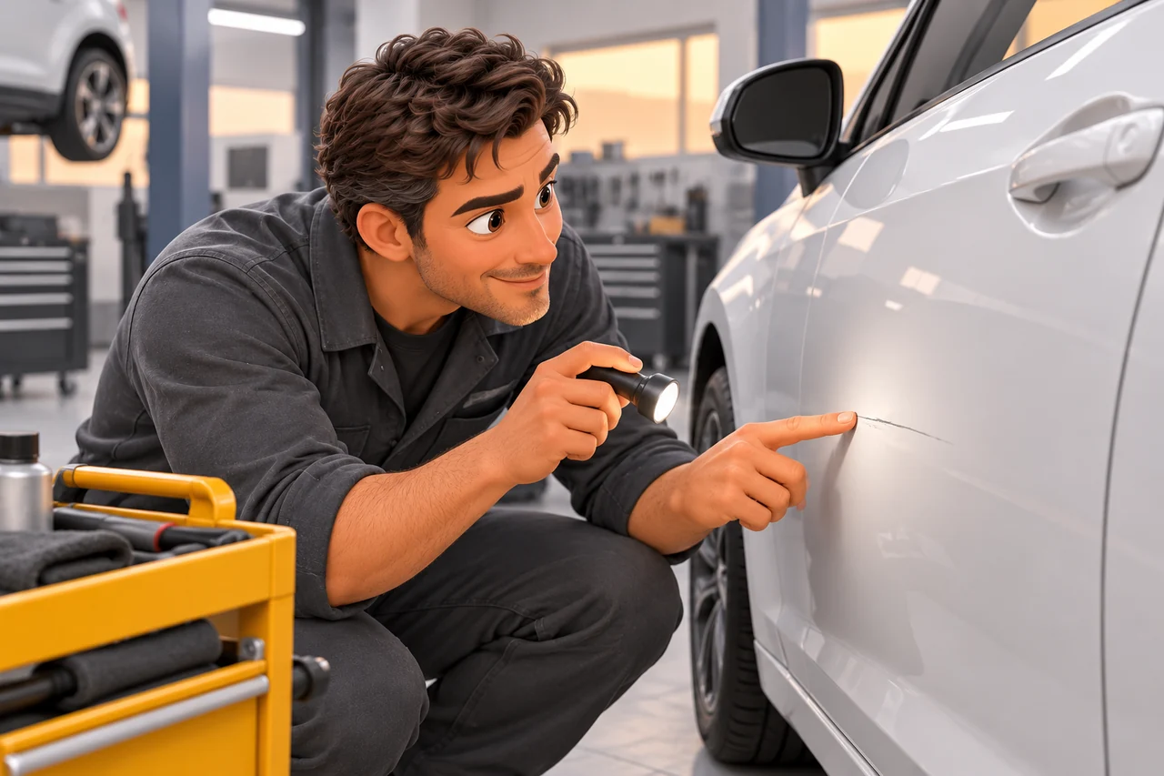 Un technicien aux cheveux courts examine une petite rayure sur la portière d’une voiture blanche dans un atelier.